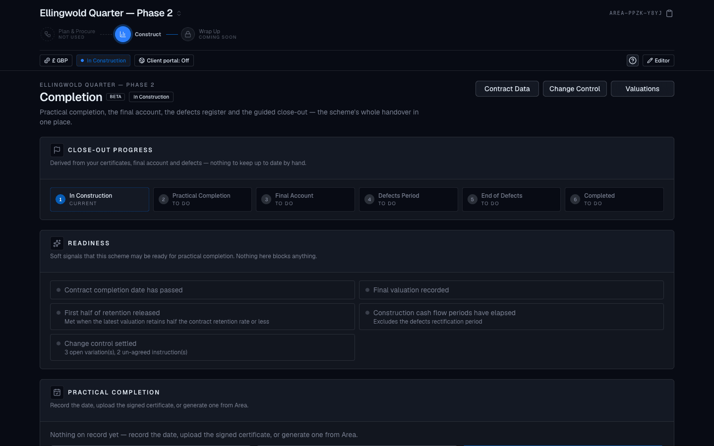 Area completion workspace showing practical completion, defects and final account status