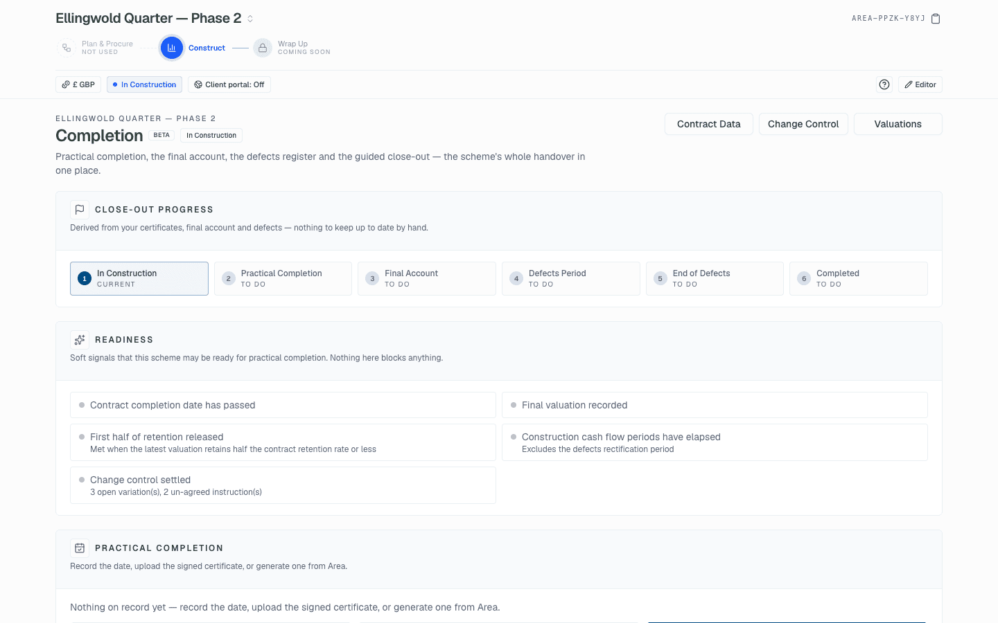 Area completion workspace showing practical completion, defects and final account status
