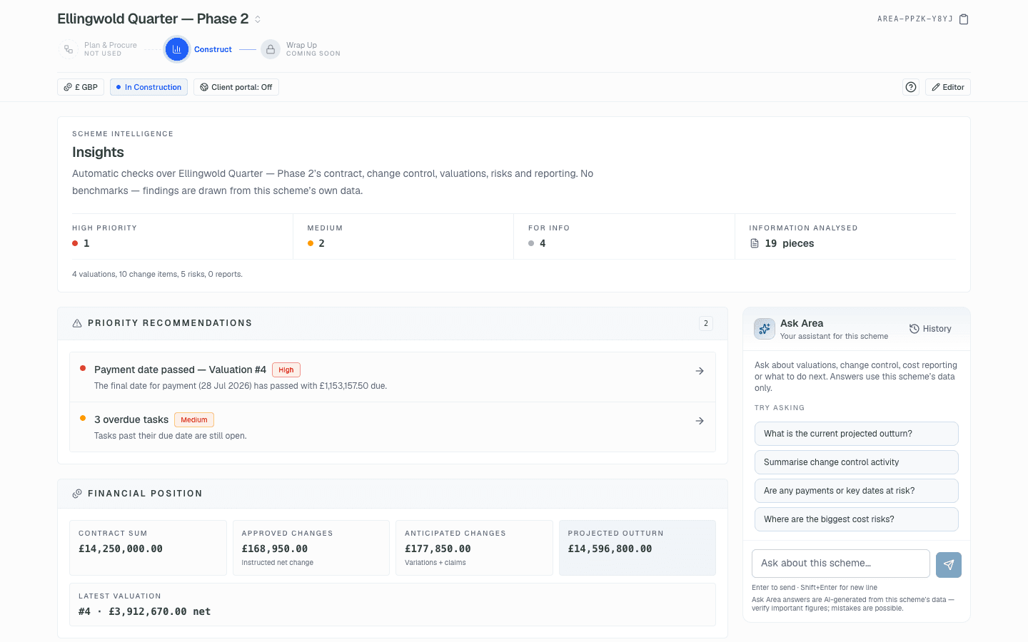 Area insights page with Ask Area assistant and automatic checks