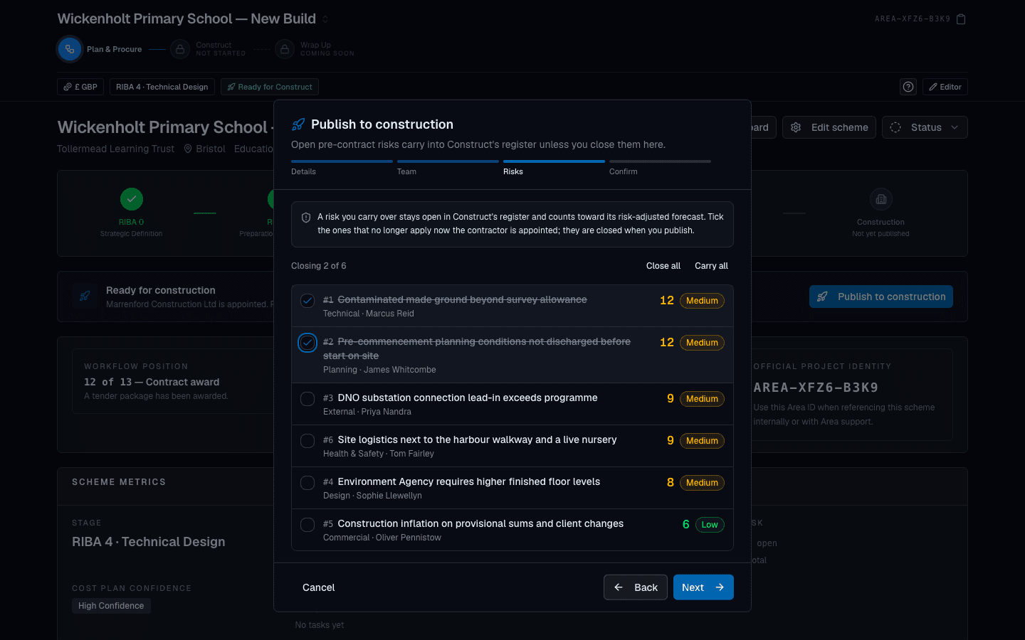 Area publish to construction dialog showing the handover steps