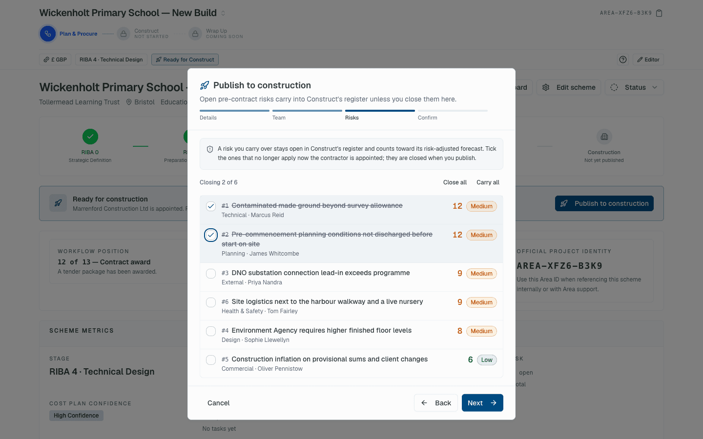 Area publish to construction dialog showing the handover steps
