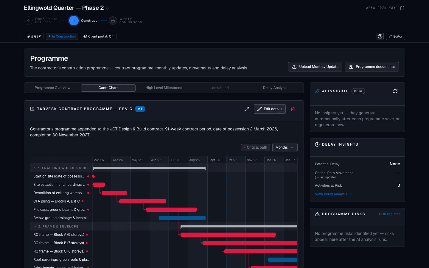Area programme Gantt chart with milestones and section bars