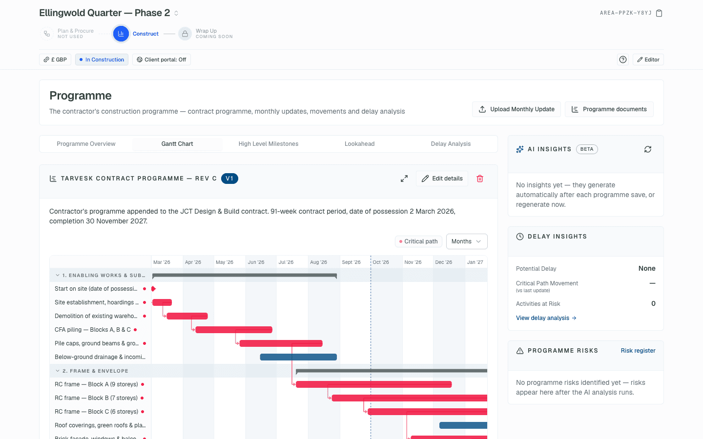 Area programme Gantt chart with milestones and section bars