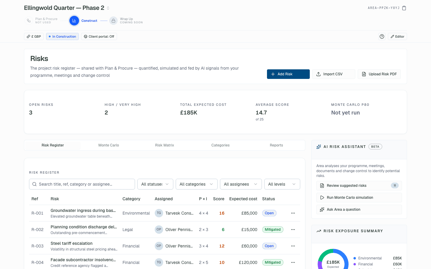 Area risk register with scores, levels, expected cost and status